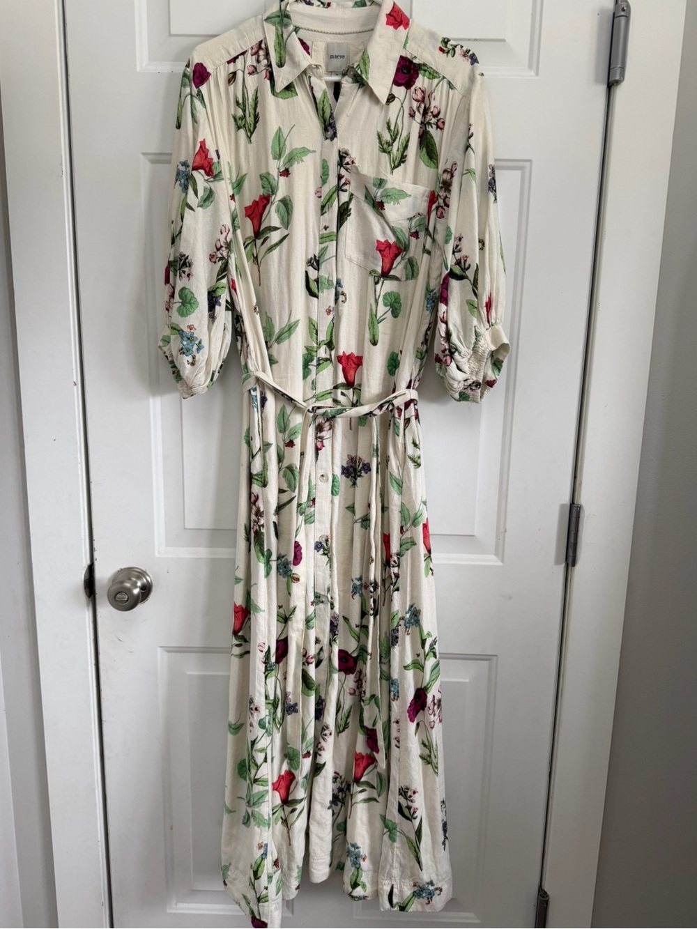 Floral Button-Front Cream Maxi Dress with Belt- linen dress from Anthropologie